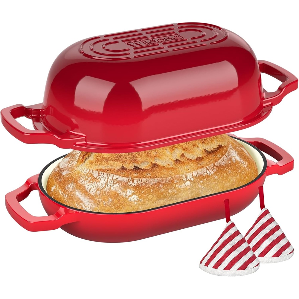 image:imageEnameled Cast Iron Dutch Oven Pot with Lid Wildone 55QT Bread Oven for Homemade Sourdough Bread Baking with Cotton Potholders Oven Safe up to 500F BlueRed