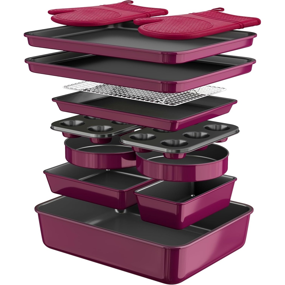 image:imageWildone 13Piece Baking Pans Set Nonstick Stackable Bakeware Sets Including Cookie Sheets for Baking Rack Muffin Pan Cake pan Loaf Pan Roasting Pan Heavy Duty amp Easy Clean PlumPlum