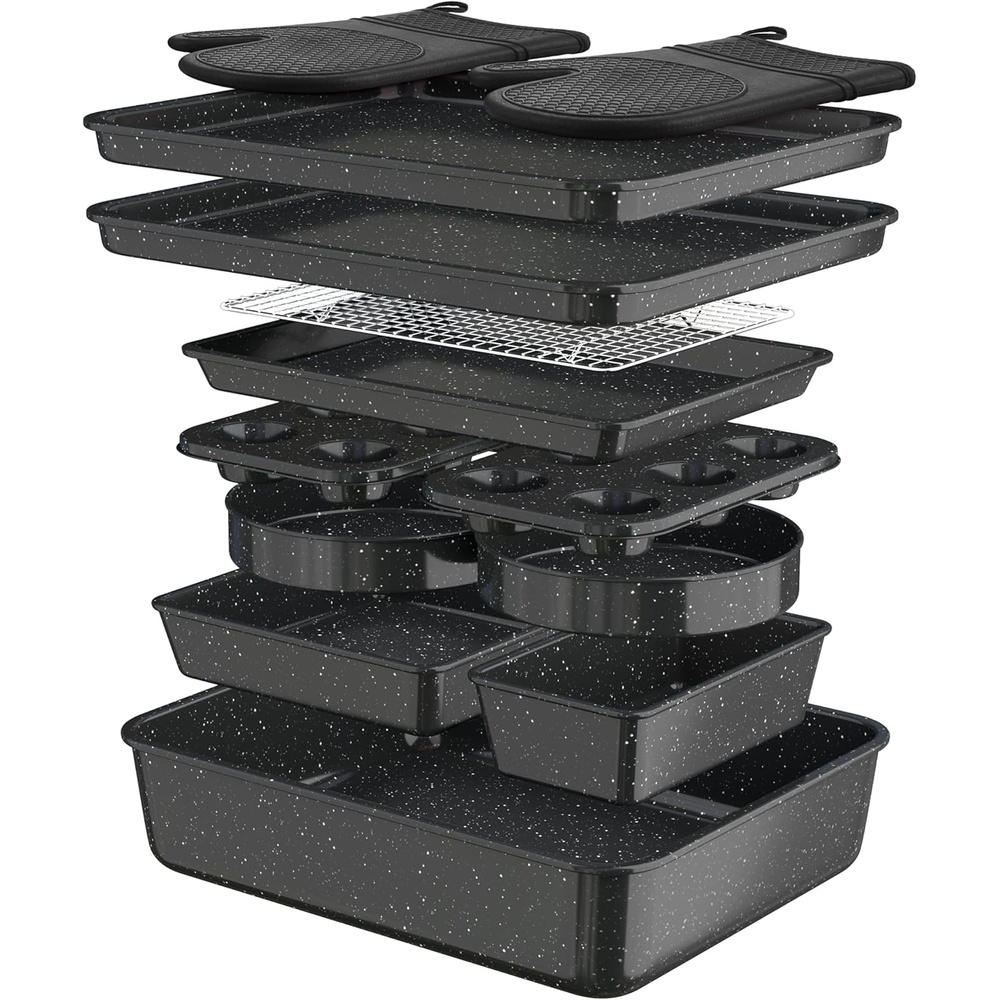 image:imageWildone 13Piece Baking Pans Set Nonstick Stackable Bakeware Sets Including Cookie Sheets for Baking Rack Muffin Pan Cake pan Loaf Pan Roasting Pan Heavy Duty amp Easy Clean PlumBlack