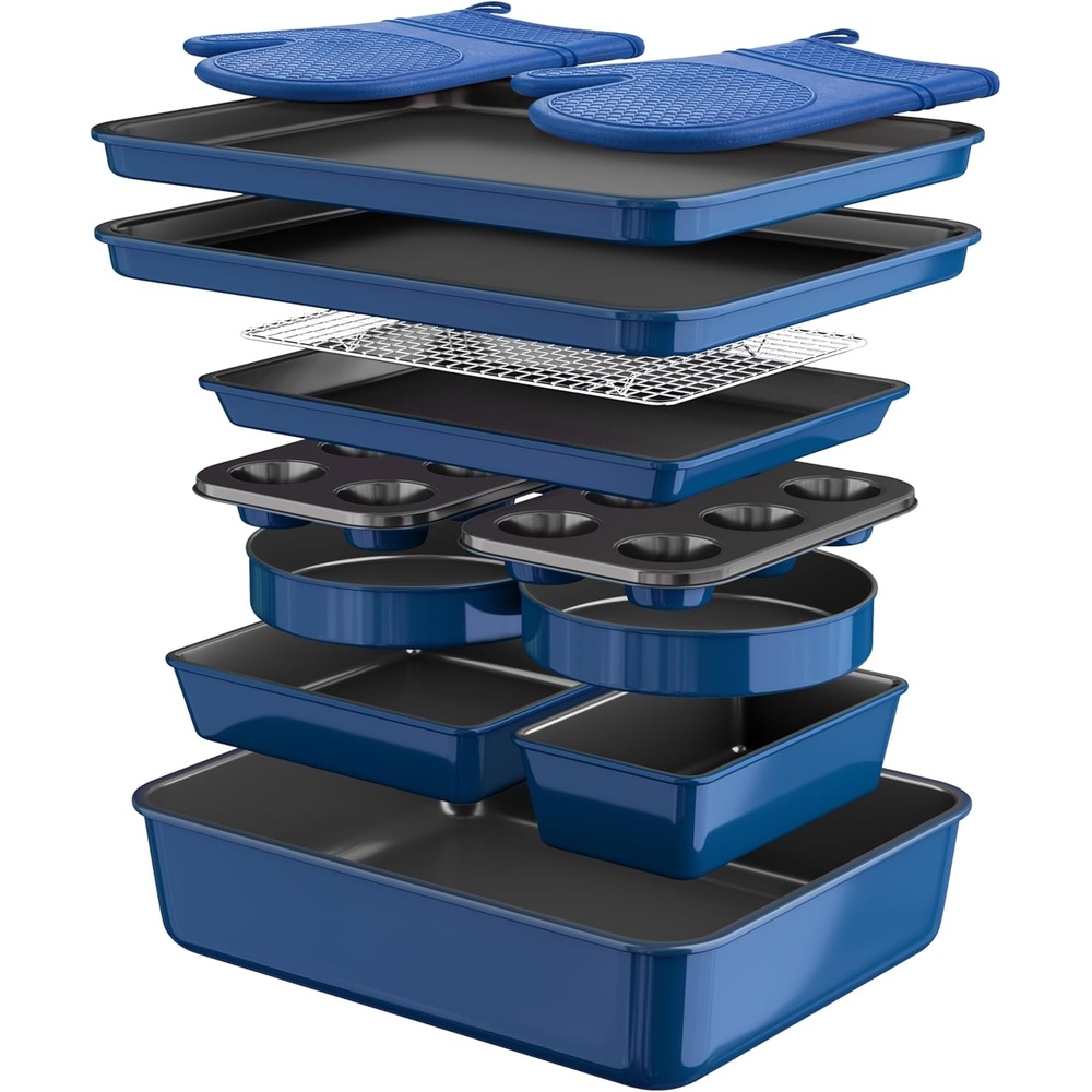 image:imageWildone 13Piece Baking Pans Set Nonstick Stackable Bakeware Sets Including Cookie Sheets for Baking Rack Muffin Pan Cake pan Loaf Pan Roasting Pan Heavy Duty amp Easy Clean PlumBlue