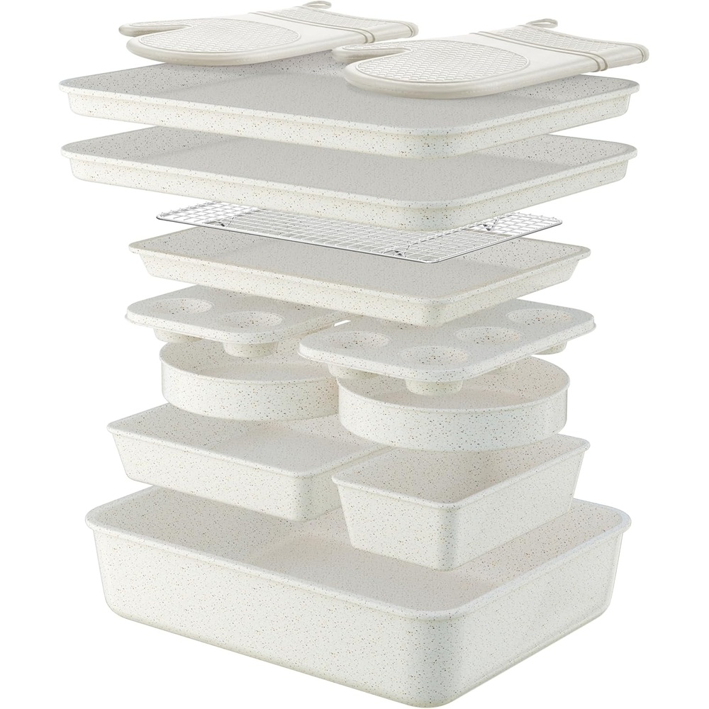 image:imageWildone 13Piece Baking Pans Set Nonstick Stackable Bakeware Sets Including Cookie Sheets for Baking Rack Muffin Pan Cake pan Loaf Pan Roasting Pan Heavy Duty amp Easy Clean PlumWhite