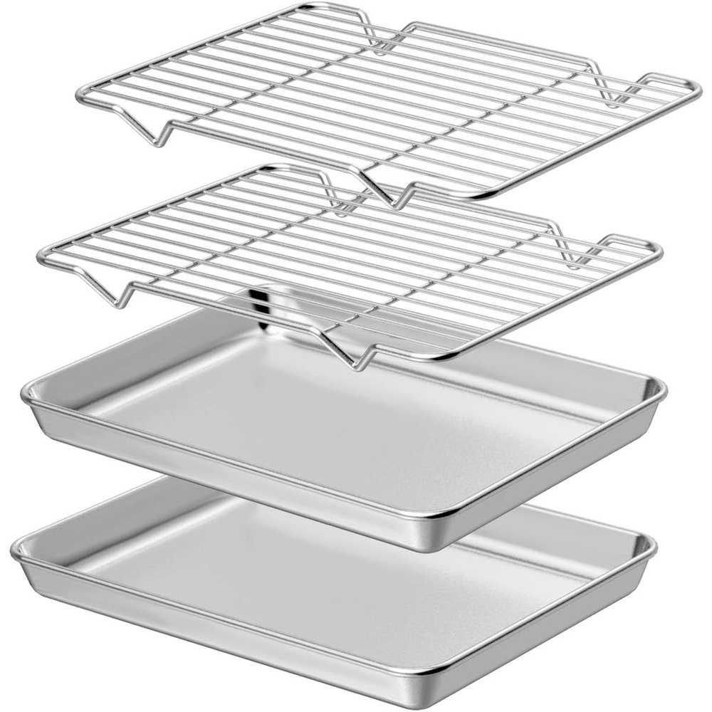 image:imageWildone Baking Sheet with Rack Set 2 Sheets 2 Racks Stainless Steel Cookie Pan baking Tray with Cooling Rack Size 10 x 8 x 1 Inch Non Toxic amp Heavy Duty amp Easy Clean9 x 7 x 1 inch
