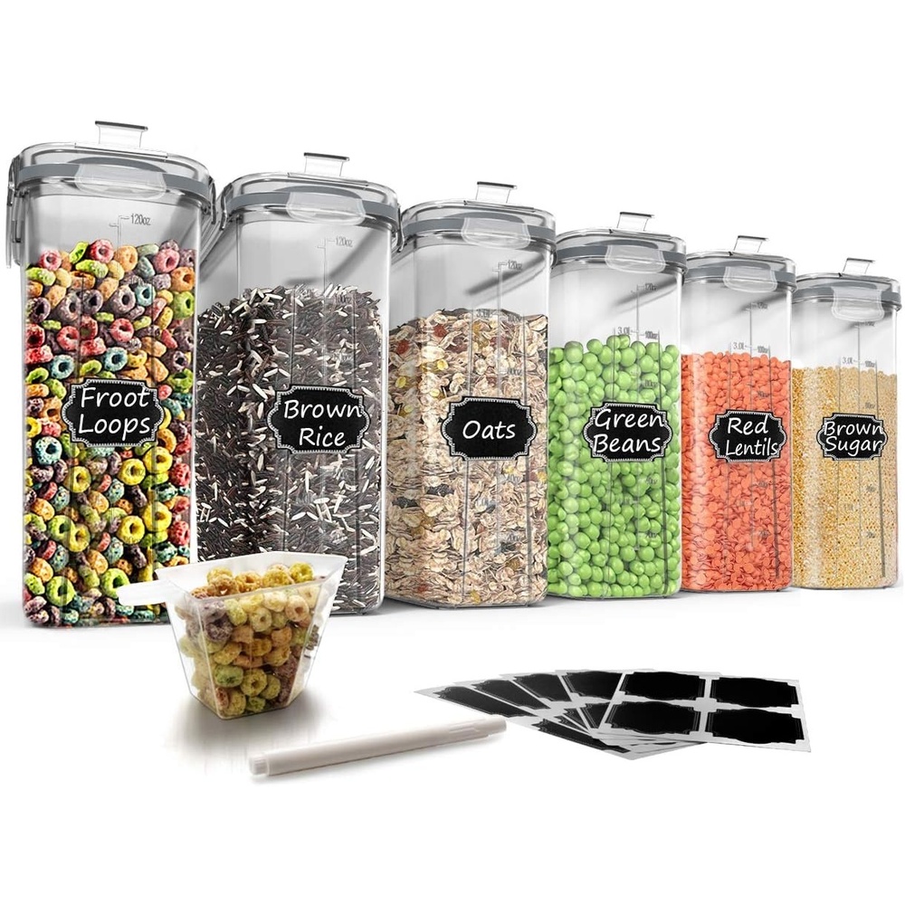 image:imageWildone Cereal Storage Containers Set Large BPA Free Plastic Airtight Food Storage Containers 4L for Flour Sugar 6 Piece Set Cereal Dispensers with 20 Labels amp Marker BlackGrey