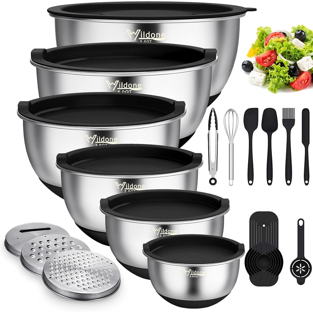image:imageWildone Mixing Bowls with Airtight Lids 22 PCS Stainless Steel Nesting Bowls with 3 Grater Attachments Scale Marks amp NonSlip Bottom Size 5 4 3 215 063QT Ideal for Mixing amp PreppingBlack