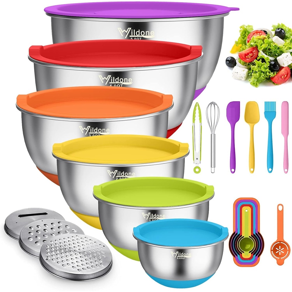 image:imageWildone Mixing Bowls with Airtight Lids 22 PCS Stainless Steel Nesting Bowls with 3 Grater Attachments Scale Marks amp NonSlip Bottom Size 5 4 3 215 063QT Ideal for Mixing amp PreppingMulticolor