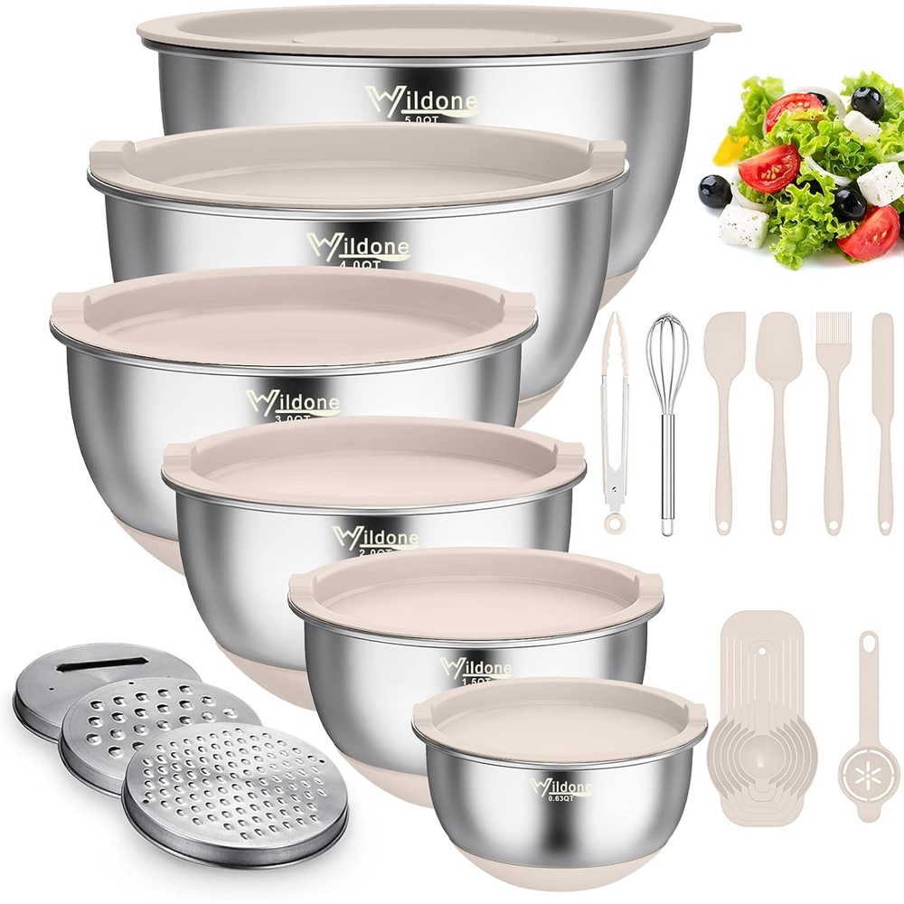 image:imageWildone Mixing Bowls with Airtight Lids 22 PCS Stainless Steel Nesting Bowls with 3 Grater Attachments Scale Marks amp NonSlip Bottom Size 5 4 3 215 063QT Ideal for Mixing amp PreppingKhaki