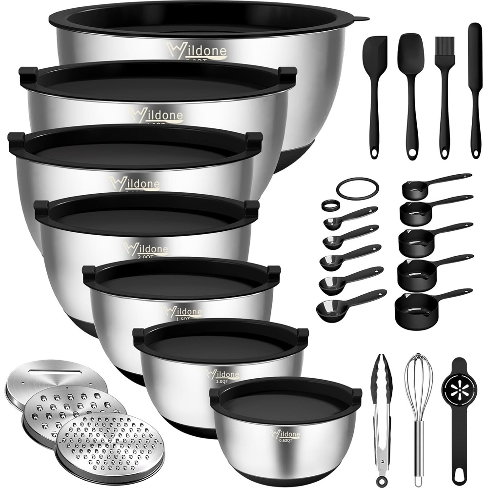 image:imageWildone Mixing Bowls with Airtight Lids 27 PCS Stainless Steel Nesting Bowls with 3 Grater Attachments Scale Mark amp NonSlip Bottom Size 5 4 3 2 15 1 063QT Ideal for Mixing amp PreppingBlack