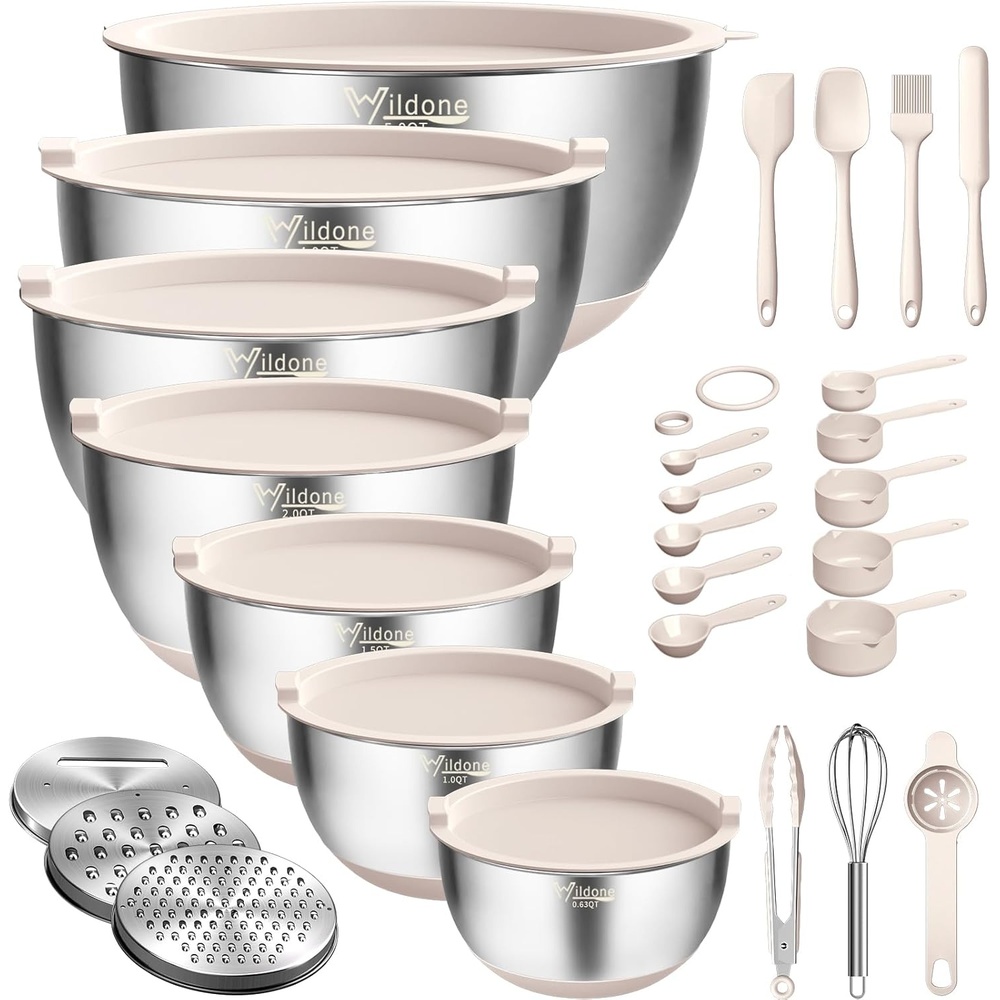 image:imageWildone Mixing Bowls with Airtight Lids 27 PCS Stainless Steel Nesting Bowls with 3 Grater Attachments Scale Mark amp NonSlip Bottom Size 5 4 3 2 15 1 063QT Ideal for Mixing amp PreppingKhaki