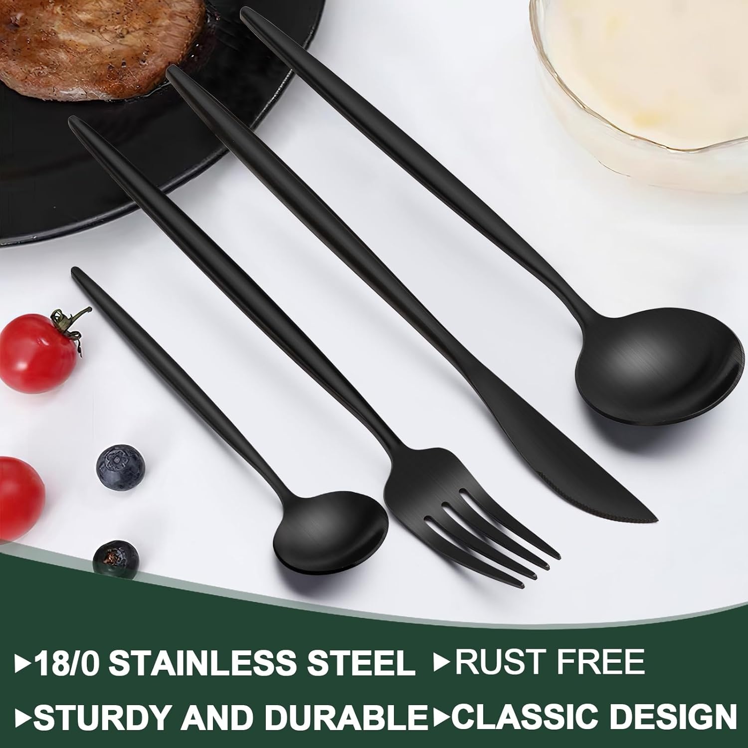 image:imageMatte Black Silverware Set 30 Piece Wildone Stainless Steel Flatware Set Service for 6 Cutlery Utensil Sets for Home Restaurant Include Knife Fork Spoon Set Dishwasher SafeBlack