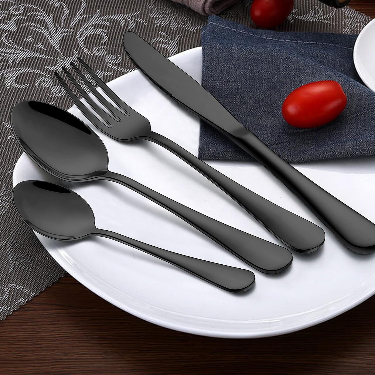 image:imageWildone 24Piece Flatware Set with Steak Knives Stainless Steel Silverware Cutlery Set Service for 4 Tableware Eating Utensils Include KnivesForksSpoons Mirror Polished Dishwasher SafeBlack