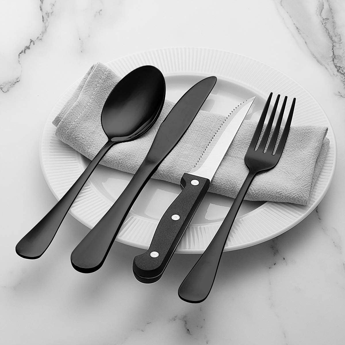 image:imageWildone 24Piece Flatware Set with Steak Knives Stainless Steel Silverware Cutlery Set Service for 4 Tableware Eating Utensils Include KnivesForksSpoons Mirror Polished Dishwasher SafeBlack