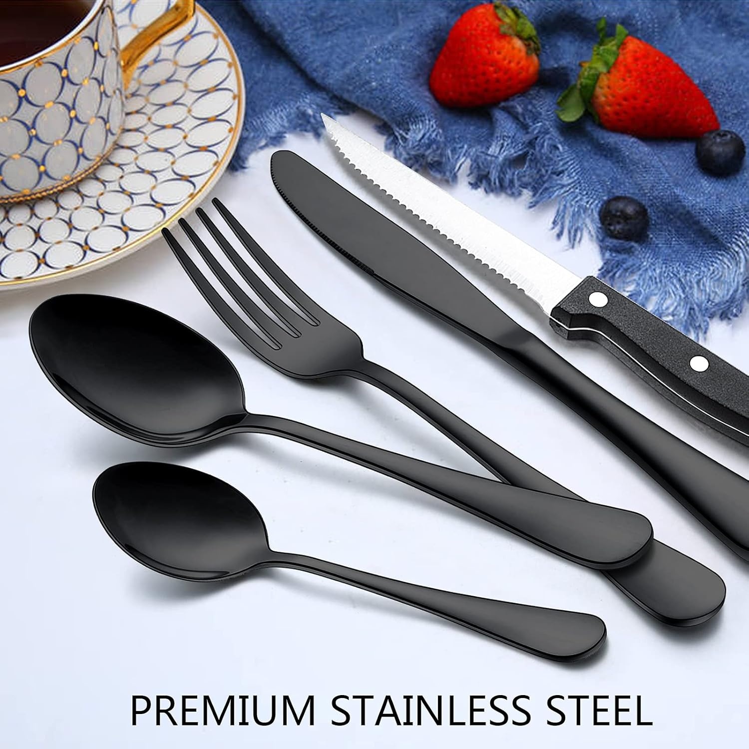 image:imageWildone 24Piece Flatware Set with Steak Knives Stainless Steel Silverware Cutlery Set Service for 4 Tableware Eating Utensils Include KnivesForksSpoons Mirror Polished Dishwasher SafeBlack