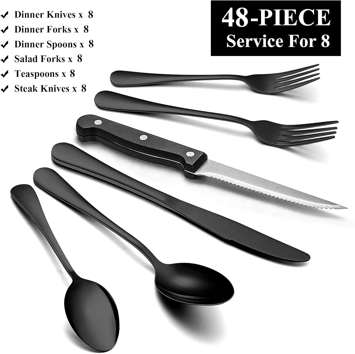 image:imageWildone 24Piece Flatware Set with Steak Knives Stainless Steel Silverware Cutlery Set Service for 4 Tableware Eating Utensils Include KnivesForksSpoons Mirror Polished Dishwasher SafeBlack