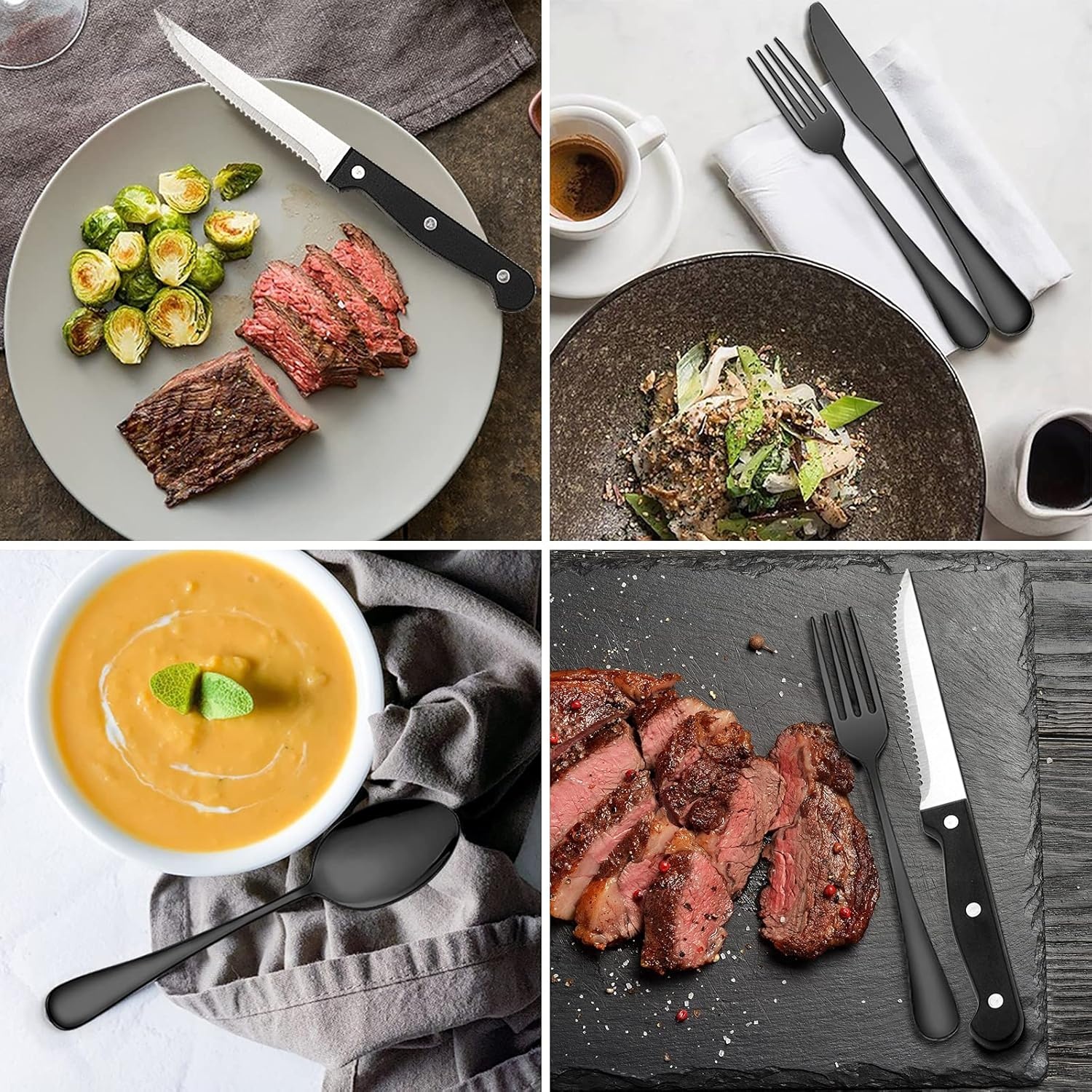 image:imageWildone 24Piece Flatware Set with Steak Knives Stainless Steel Silverware Cutlery Set Service for 4 Tableware Eating Utensils Include KnivesForksSpoons Mirror Polished Dishwasher SafeBlack