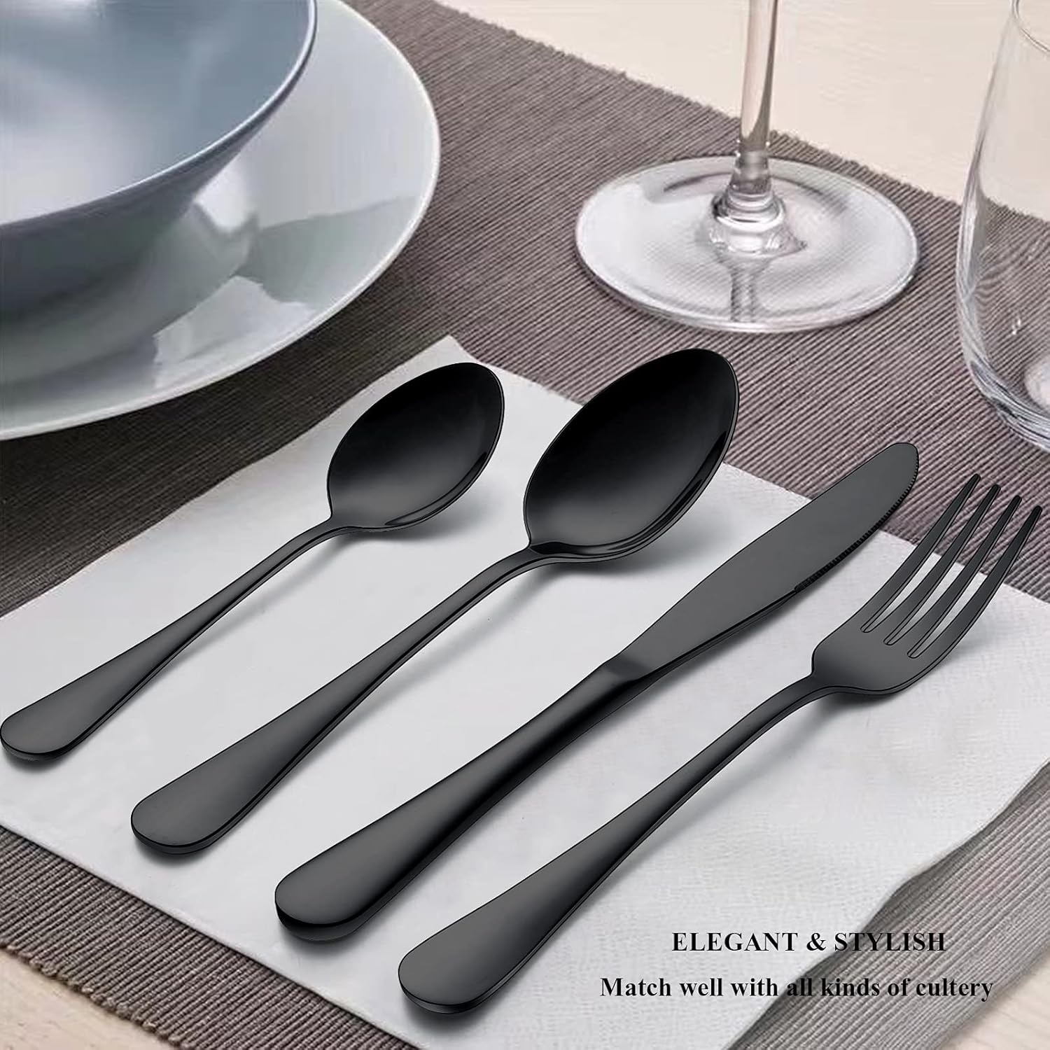 image:imageWildone 24Piece Flatware Set with Steak Knives Stainless Steel Silverware Cutlery Set Service for 4 Tableware Eating Utensils Include KnivesForksSpoons Mirror Polished Dishwasher SafeBlack