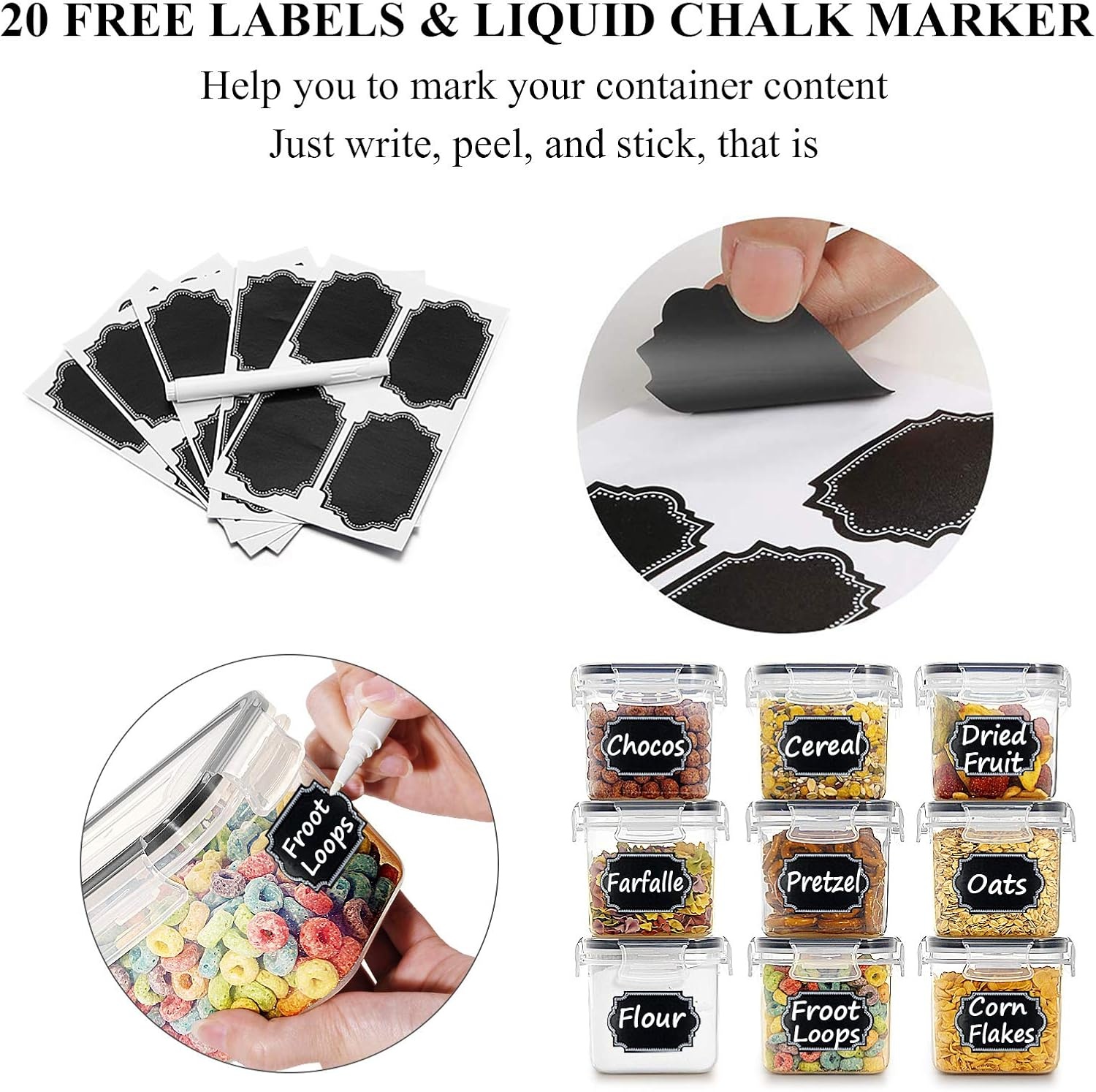 image:imageWildone Cereal amp Dry Food Storage Container Set of 16 08L 338 Cups for Sugar Flour and Baking Supplies Airtight Leakproof amp BPA Free with 20 Labels amp 1 MarkerBlack