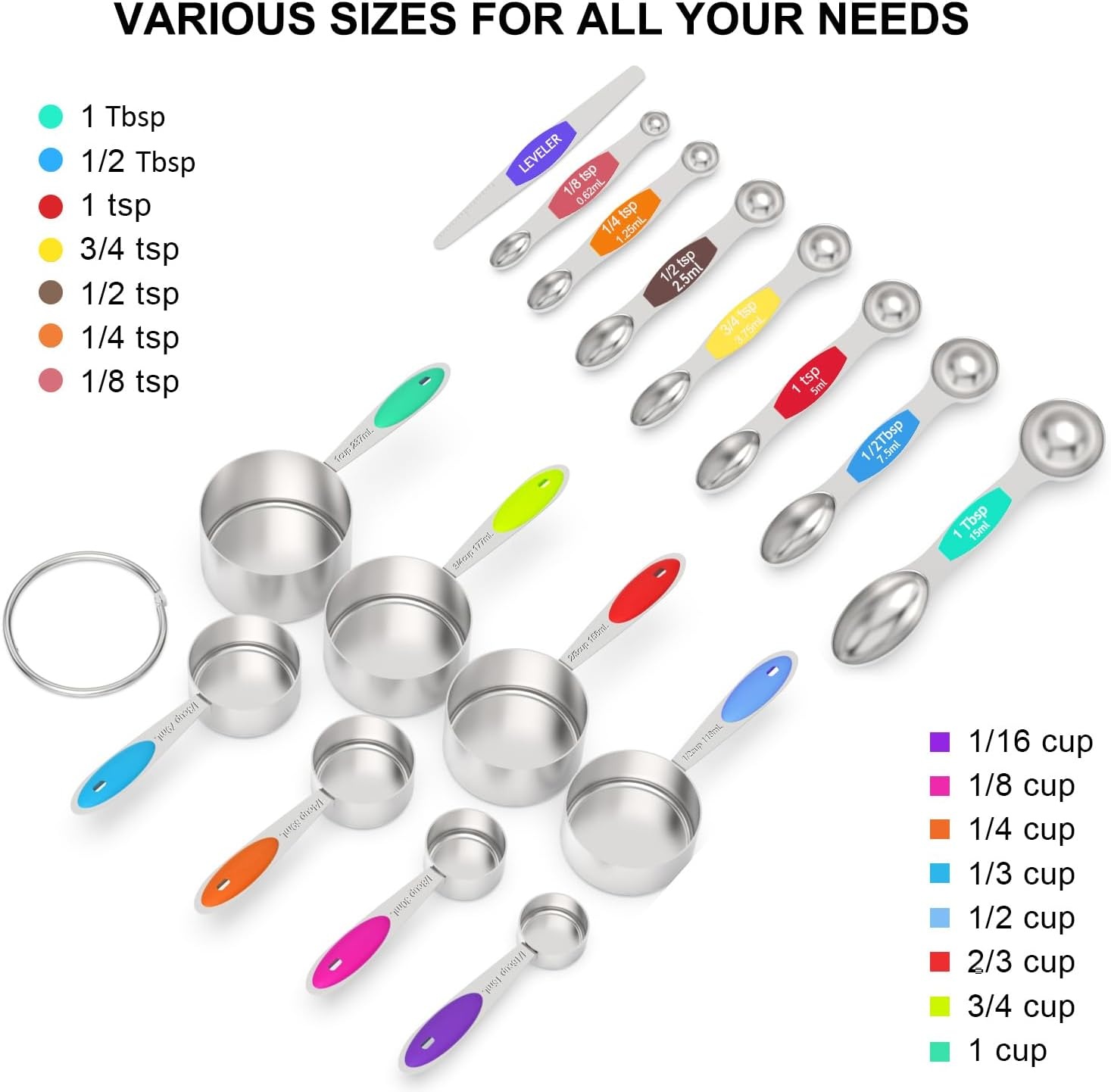 image:imageWildone Measuring Cups and Magnetic Measuring Spoons Set 21Pcs 8 Stainless Measuring Cups 7 Magnetic Measuring Spoons Leveler amp 5 Mini Spoons for Spice Jar and Liquid MulticolorMulticolor
