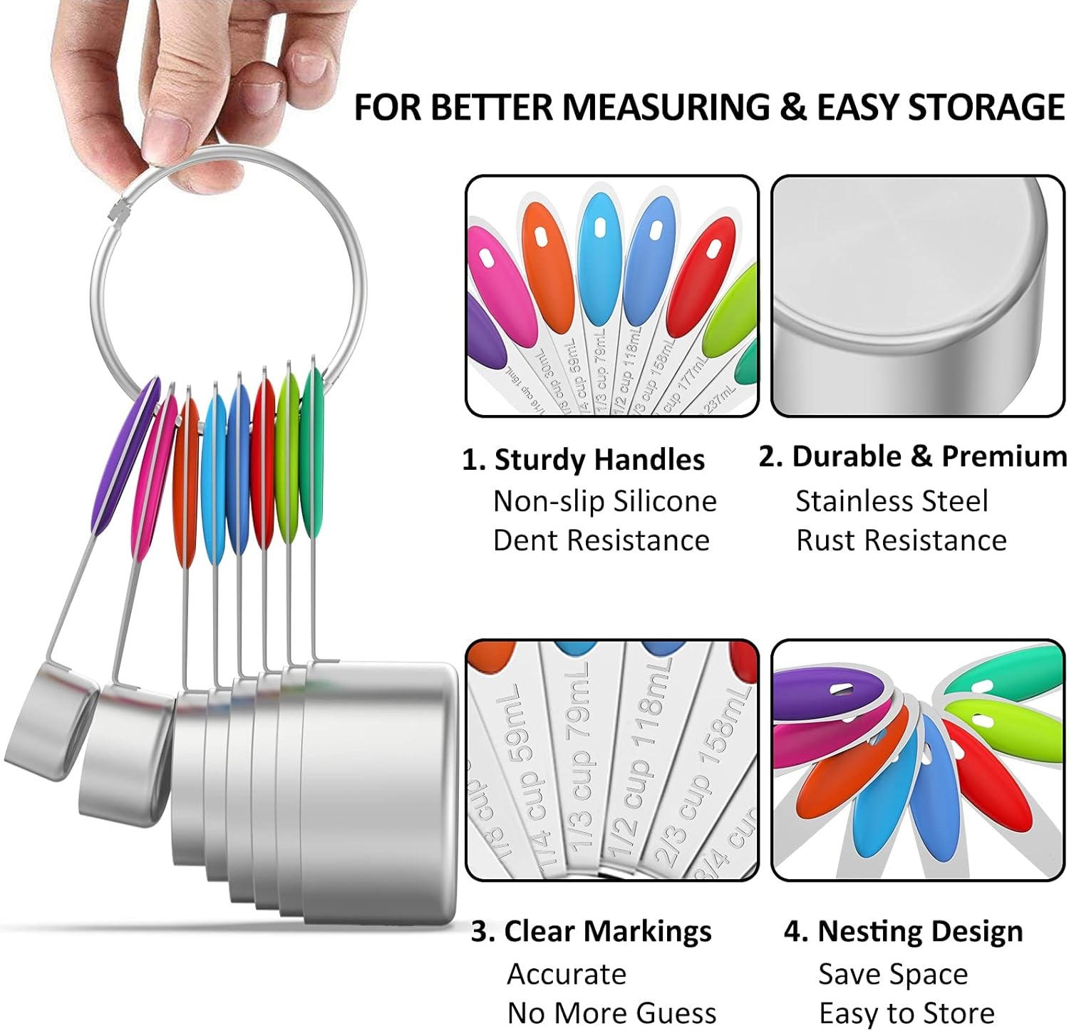 image:imageWildone Measuring Cups and Magnetic Measuring Spoons Set 21Pcs 8 Stainless Measuring Cups 7 Magnetic Measuring Spoons Leveler amp 5 Mini Spoons for Spice Jar and Liquid MulticolorMulticolor