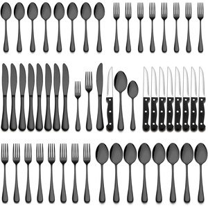 image:imageWildone 24Piece Flatware Set with Steak Knives Stainless Steel Silverware Cutlery Set Service for 4 Tableware Eating Utensils Include KnivesForksSpoons Mirror Polished Dishwasher SafeBlack